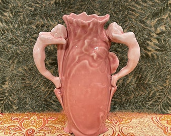 FIGURAL LADY VASE…Nude Handles…Molded Flowers and Vines…Pink Ceramic…Art Nouveau…Weller Pottery Reproduction…1950s/1960s #748