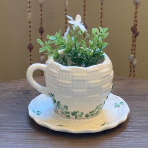 May include: A white ceramic teacup planter with a woven basket design, filled with greenery and small white flowers. The teacup sits on a matching saucer decorated with green shamrocks. A charming decorative piece.