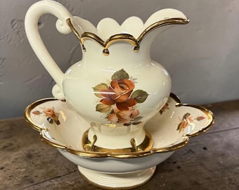 ROSE PITCHER SET…Pitcher and Basin…Brown & Pink Rose Patterns…Scrolled Handle, Inner Rose Designs, Gold, Scalloped Edges…Vintage Set #W.T1U