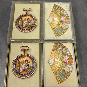 BOXED PLAYING CARDS…Congress…Vintage Double Deck…Victorian Fan/Pocket Watch Deck…Cel-U-Tone Finish…Complete Sets…Sliding Velveteen Box #466