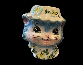Vintage Lefton Miss Priss Cat Cookie Jar: Blue Floral Hat, Retro