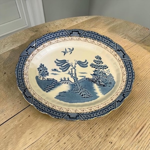 REAL OLD WILLOW Large Serving Platter…Booths…Blue & White…Porcelain…Classic Willow Pattern…Scalloped, 22K Gold Edge…A8025…England 1940s