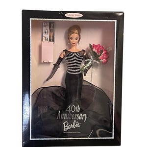 40th ANNIVERSARY BARBIE Doll…Mattel…Black Dress with Silver Metallic Accents, Gloves, Flared Bottom…40 Roses…New in Original Box…1999