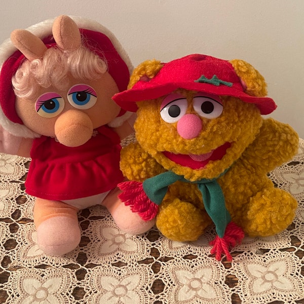 MUPPET BABIES PLUSH Toys…Jim Henson…Miss Piggy and Fozzie Bear…Christmas Plush…Red and Green Outfits…Collectibles…1987