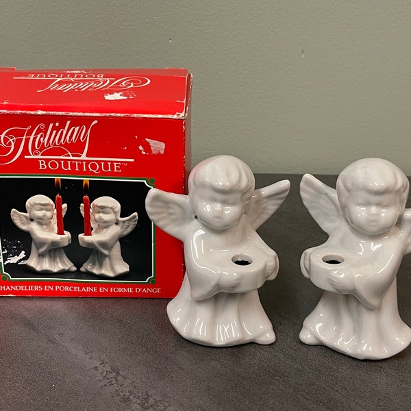PORCELAIN ANGEL CANDLEHOLDERS…Set of 2…Holiday Boutique…Holds Thin, Small, Red Candles…Action…23008…China…Original Box…1990