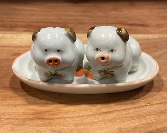 PIG AND TRAY Salt and Pepper Shakers…Porcelain Salt & Pepper Shakers…Strawberry Design…Set of 3…Vintage…Thailand #760