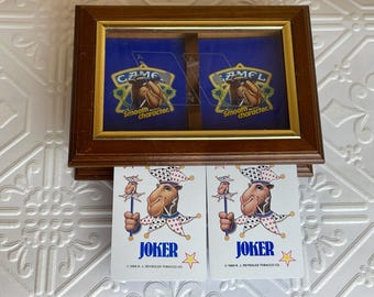BOXED JOE CAMEL Playing Cards…R.J. Reynolds…Wooden and Glass Double Sided Storage Box..Vintage 75th Anniversary…Complete Set…1989 #W.T