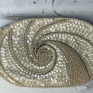 BEADED SEQUIN PURSE…Charlet…Iridescent Sequins and Pink Beads…Beaded Edging…Swirl Design…Top Zipper…Silky Interior…Strapless…Japan 1950