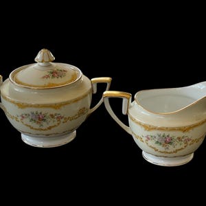 NORITAKE “EVANA” Creamer and  Lidded Sugar Bowl… Fine China…Floral…Fine Dining…Tan Scrolls…Double Handles…Gold Edging…1930s…Japan  #000BgBx