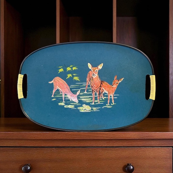 DEER & FROG TRAY…Blue Fiberboard Tray with Wrapped Handles…Deer Frog Pond…Serving/Snack Tray…Japan 1950s #W.bx16