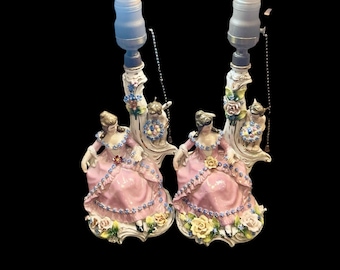 LADY & CHERUB LAMPS…Porcelain Boudoir Lamps…Victorian Lady…Pink Dress…Cherub…Applied Flowers…Pull Chains…Germany…1920s-40s #000
