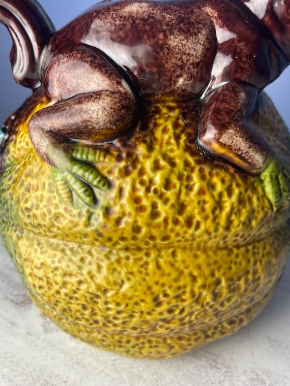 MAJOLICA FROG Pitcher…frog on a Melon…open Mouth Pourer…large Back