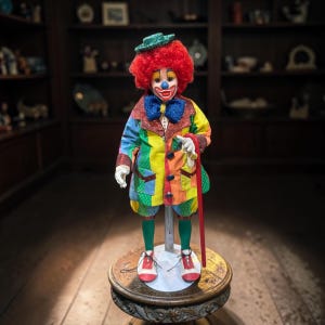 May include: A porcelain clown doll with bright red hair, a green hat, and a blue glittery bow tie. The clown wears a multi-colored jacket with yellow, orange, and green panels, green leggings, and white shoes with red accents, while holding a red cane.