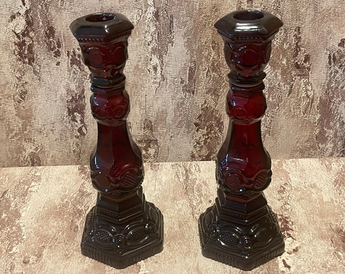 RUBY AVON Candlesticks…patchwork Cologne Bottles…cape Cod Collection ...