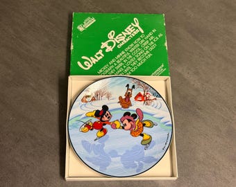 MICKEY & MINNIE Collectible Plate…”Command Performance”…Schmid…Small,  Hanging Plate…Disney Characters Ice Skating…Original Box 1984