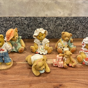 7 CHERISHED TEDDIES FIGURINES...Enesco...1990s...Resin...Stamped Names and Verses...Hand Numbered U.S.A. #000-8 Bx10