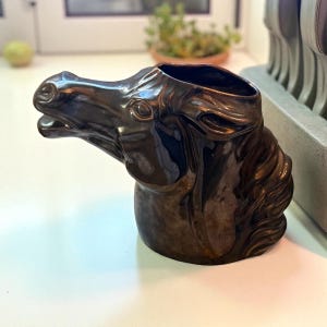 May include: A dark brown ceramic horse head vase. The vase is shaped like a horse's head with a detailed mane and facial features. The vase has a glossy finish and a hollow interior for holding flowers or other decorative items.