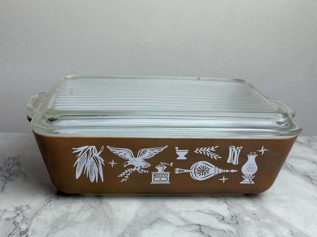 PYREX CASSEROLE Dish…”early American”…503…1 1/2 Qt…brown/ White Eagle ...