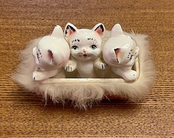 KITTENS & BASKET FIGURINE…Three Adorable Kittens…Pink Basket…Fur Edging…Japan #441