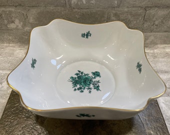 SCALLOPED FLORAL BOWL…Porcelain…Green Floral Designs With Gilded Gold Edging…Unique Shape…V.A. Portugal…Vintage