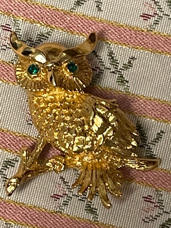 MONET OWL BROOCH…Green Rhinestone Eyes…Gold…Signe… - image 4