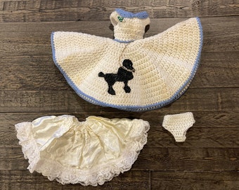 CROCHET POODLE SKIRT…Handmade Crochet Doll Dress for 15” Doll…Cream, White and Blue…Glittery Poodle…Chain…Underwear…Lace Slip…1950s/60s