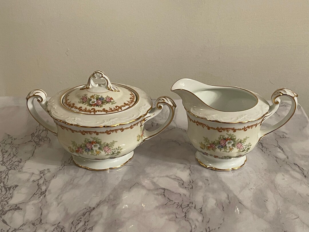 NORITAKE CREAMER and Sugarbowl...floral Design, Scalloped, Gold Trim