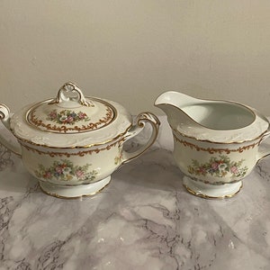 NORITAKE CREAMER And SUGARBOWL...Floral Design, Scalloped, Gold Trim and Edging...Ornate Handle...1930s/1940s…Breathtaking! #000