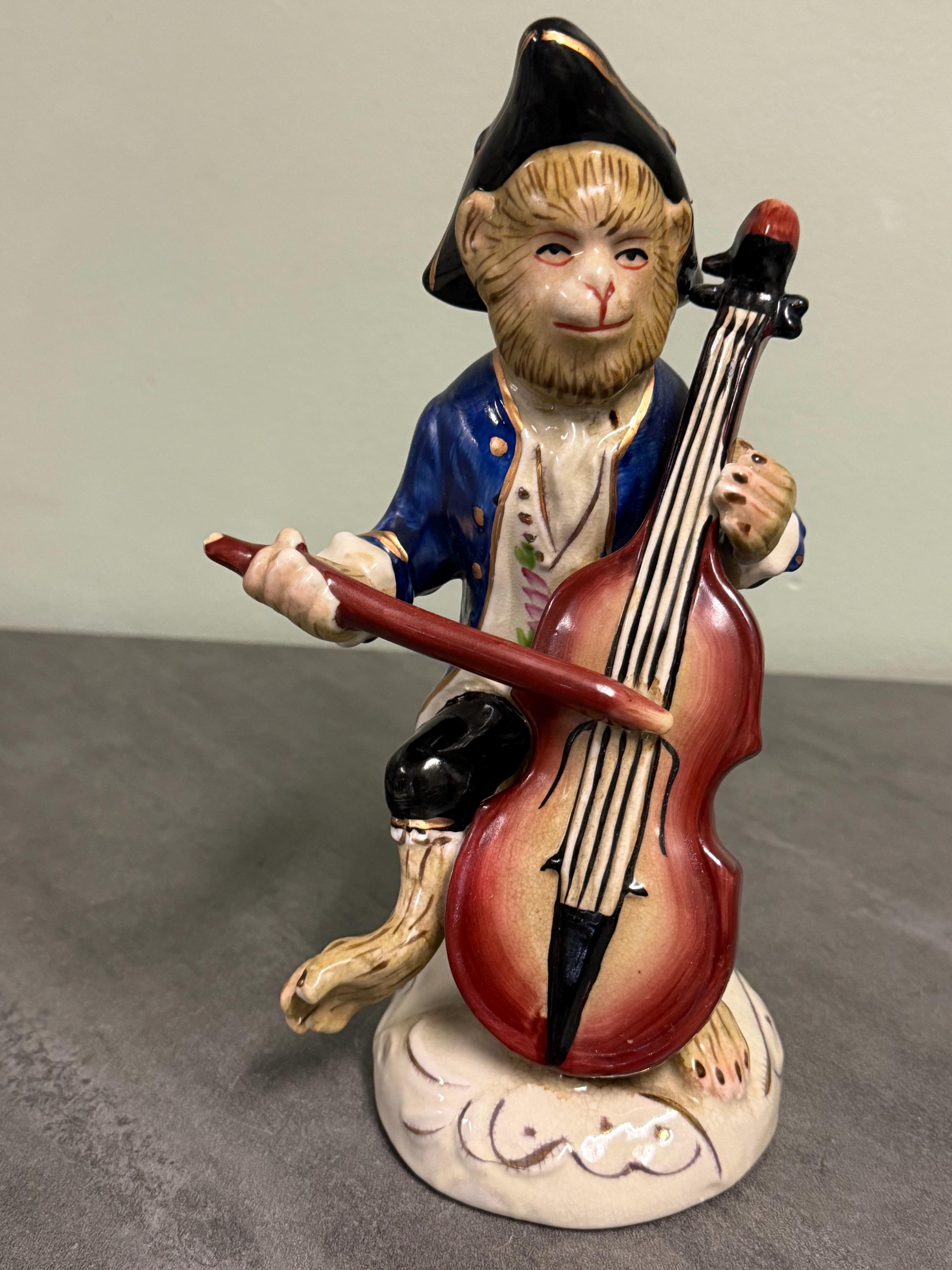 MUSICAL MONKEY FIGURINE… Meissen Style…monkey Band…double Bass