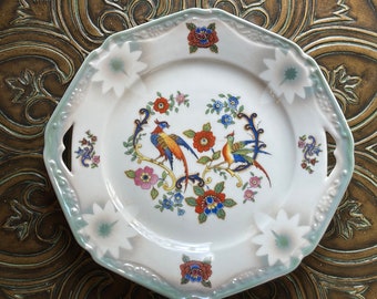 BAVARIAN PEACOCK DISH…Schwarzenhammer…Floral…Peacock and Flowers…Raised Flower and Scroll Edging…Colorful…Vintage…Germany *Plbx
