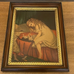 GOOD-NIGHT FROLIC Antique Art Print…Girl Playing with her Cat…H.C. Bowen…New York…1872….Tiered Wood Frame…Rare!..16” x 20”