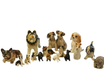 VINTAGE DOG LOT…Set of 16…Bone China/Resin/Porcelain…Some with Original Tags…Various Breeds, Materials, Sizes and Years…Vintage Set #W.U.2