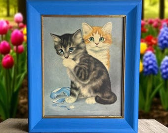 FRAMED KITTEN LITHOGRAPH… "Oops the Kittens Broke the Vase”/”Cats by Girard”…Blue Painted Frame…Gold Interior…Signed…1960s  #Picbx