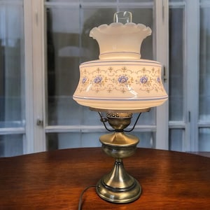 FLORAL GLASS LAMP…Oversized Shade with Small Blue Flowers and Gold Leaves…Ruffled Top…Hurricane…Antique Brushed Base…Beaded Edge…Key Turn…#W