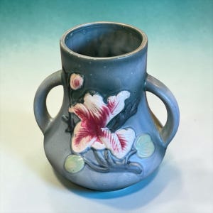 FLORAL POTTERY VASE…Japanese Pottery Vase…American Art Nouveau…Magnolia Design…Dual-Handles…”Hong Kong Fred”…018…Hong Kong 1960s/70s