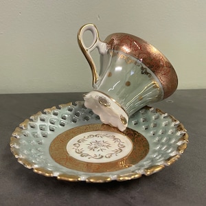 LUSTERWARE TEA SET…Royal Halsey…Very Fine China…Gold Accent and Leaf Design…Footed Cup…Lattice Saucer Edging…Iridescent…1950s #505
