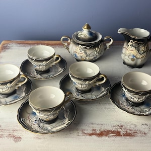 DRAGONWARE TEA SET…Moriage…Black and White…Blue/Gray Sprays…Dragons Span Across the Pieces…Teacups, Saucers, Creamer & Sugar…1920-1940 #W.T5