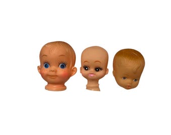 VINTAGE DOLL HEADS…Set of 3…Plastic…2 with Knobs, 1 with Neck Hole…Art/Sculpture/Craft…Hong Kong…Vintage #933