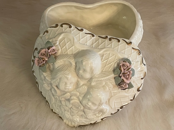 LARGE CUPID DISH…Heart Shaped,..Applied Flowers…T… - image 2