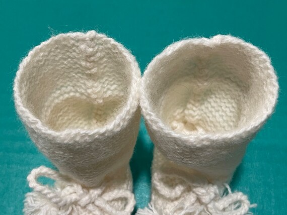 KNITTED BABY BOOTIES…Handmade…White…Pompoms…Ties…… - image 3