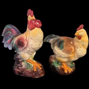 XL ROOSTER & HEN Figurines…Large Pottery Figurines…Colorful Set…Amazing Design…Red Heads and Wattles…Farmhouse/Country Decor…Vintage #W.T.2U