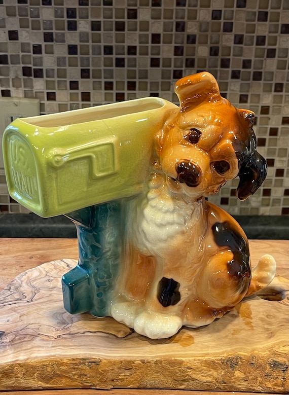 DOG BY MAILBOX Planter…royal Copley… Large…ceramic…glazed…mailbox