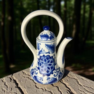 May include: A white and blue ceramic teapot with a large handle and a spout. The teapot is decorated with blue floral patterns and a blue knob on the lid. The teapot is sitting on a wooden surface.