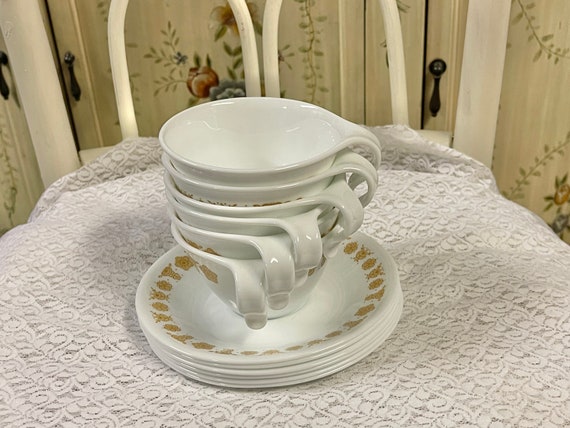6 Corelle Gold Butterfly Hook Handled Cups And Saucers 