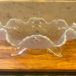 FOOTED FEATHER BOWL…Clear Glass With White Crimped Edges…Textured, Curved, Glass Feet…Large…Vintage #000BX55