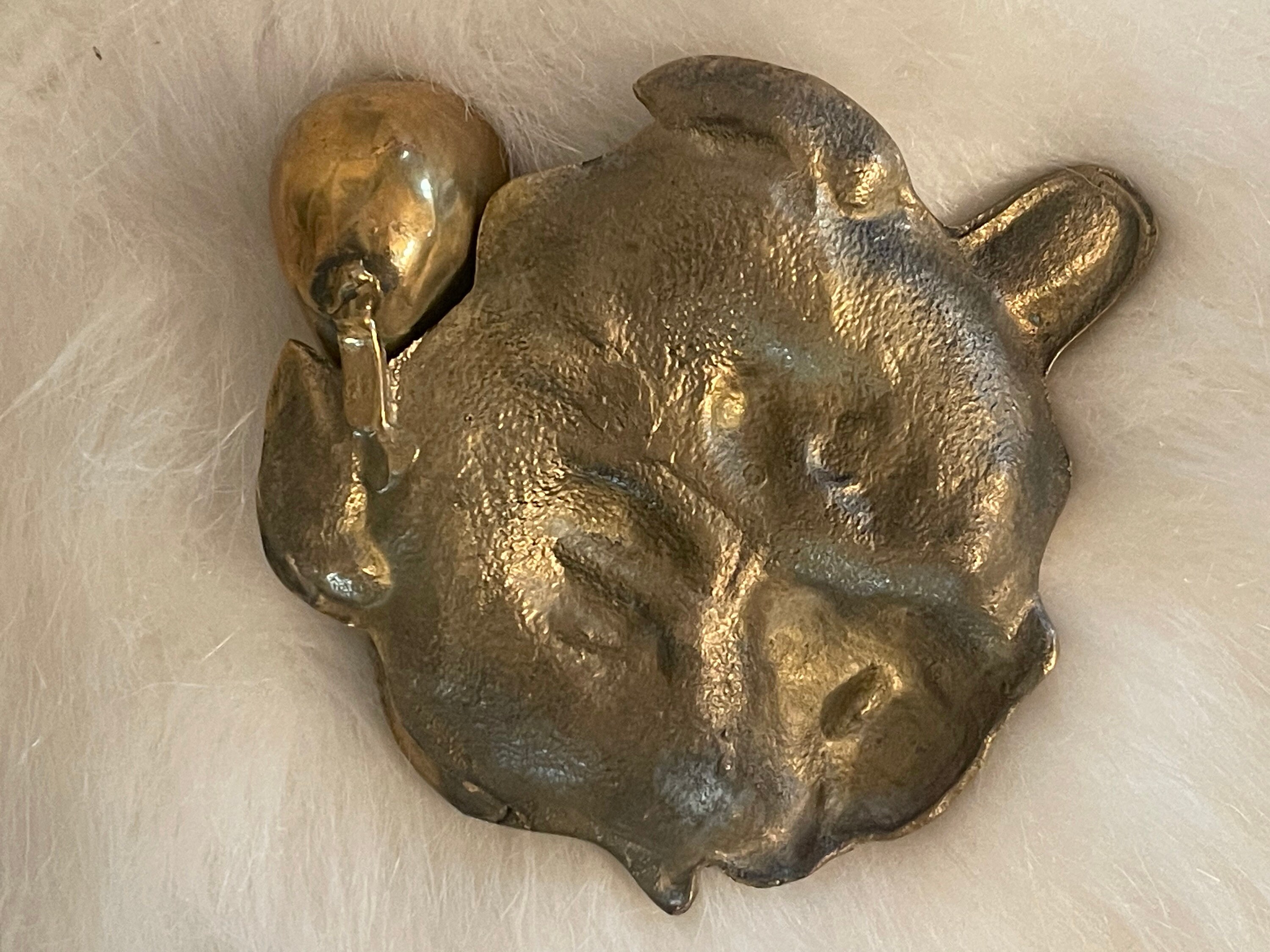 BRASS BULLDOG Ashtray/match Holder…victorian…carved English