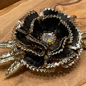 RHINESTONE FLOWER PIN…Large…Black Enamel and Silver Metal…Colorful Center Rhinestone…Bling! #856