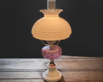MILK GLASS LAMP…3-Way Light…Hobnail Shade with Ruffled Edge…Cranberry Glass Center…Milk Glass Pedestal…Key Turn…Metal Arms & Hardware…1960s