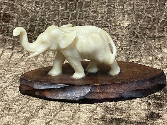 PLASTIC ELEPHANT on WOODEN Stand…raised Trunk for Luck…made in