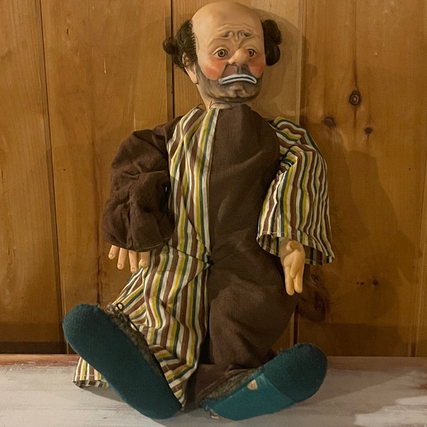 EMMETT KELLY DOLL…Baby Barry Toy Co…Clown Doll…Rubber/Curly Hair…Oversized Nose… Sad Features…Straw Stuffed…Vintage Collectible #000BX